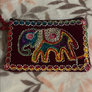 Colorful Embroidered Elephant Clutch 7” X 5”